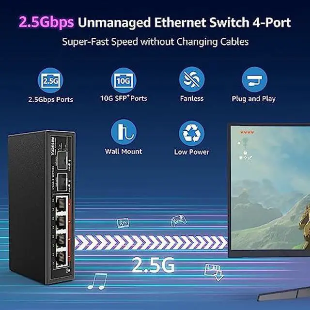 Alt view image 2 of 5 - 6 Port 2.5G Umanaged Ethernet Switch, 4 x 2.5G Base-T Ports, 2 x 10G SFP, Compatible with 100/1000/2500Mbps, Metal Fanless, Desktop/Wall Mount YuanLey 2.5Gbe Network Switch for Wireless AP, NAS, PC