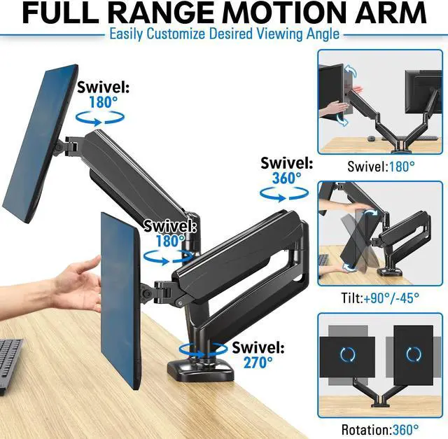 Alt view image 2 of 5 - MOUNTUP Dual Monitor Stand Mount for Glass Desk, with Desk Reinforcement Plate - 2 Monitor Desk Mount for Computer Screens Up to 32 inch, Double Monitor Arm with Gas Spring, Heavy Duty Monitor Stand