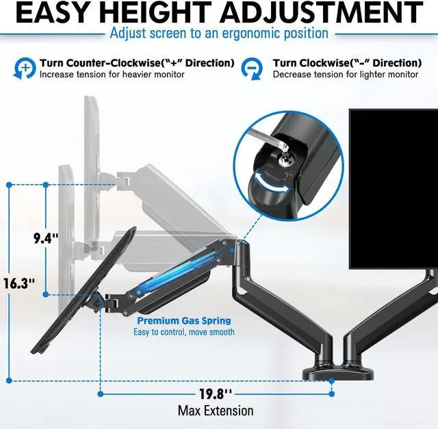 Alt view image 4 of 5 - MOUNTUP Dual Monitor Stand Mount for Glass Desk, with Desk Reinforcement Plate - 2 Monitor Desk Mount for Computer Screens Up to 32 inch, Double Monitor Arm with Gas Spring, Heavy Duty Monitor Stand