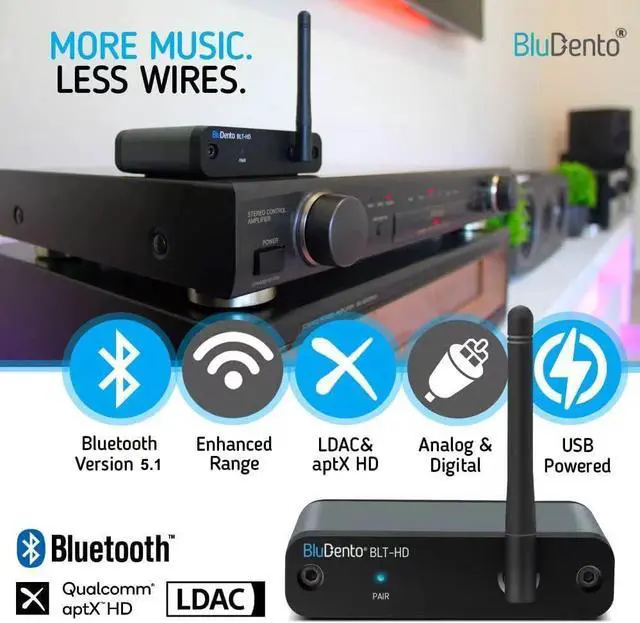 Alt view image 2 of 5 - BluDento BLT-HD aptX HD Bluetooth Receiver, Hi-Fi Bluetooth v5.1 Audio Adapter with TI DAC,Analog RCA Output, Digital Coaxial and Optical Output with Enhanced Working Range