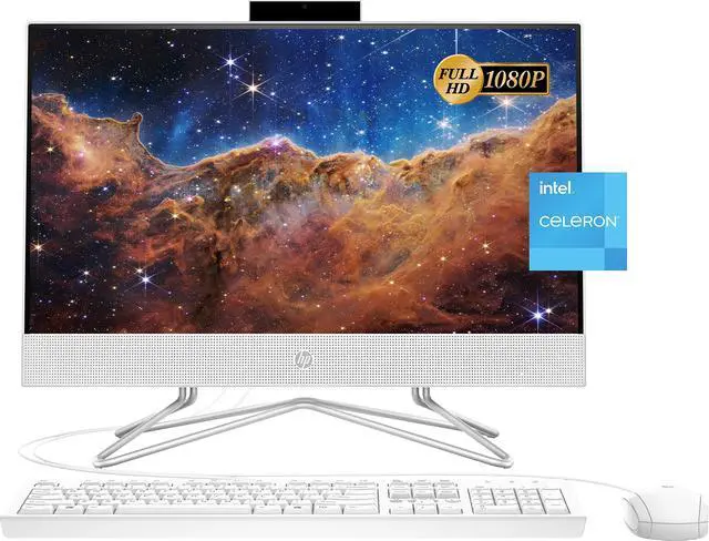 Main image of HP 2022 All-in-One Desktop, 21.5" FHD Display, Intel Celeron J4025 Processor, 12GB RAM, 512GB PCIe SSD, Webcam, WiFi, HDMI, RJ-45, Wired Keyboard&Mouse, Windows 11 Home, White