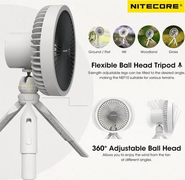Alt view image 4 of 5 - Nitecore NEF10 Multifunctional Portable Electric Fan with LED Ring Light, Flexible Ball Head Tripod, Brushless Motor 10000mAh Battery (White)
