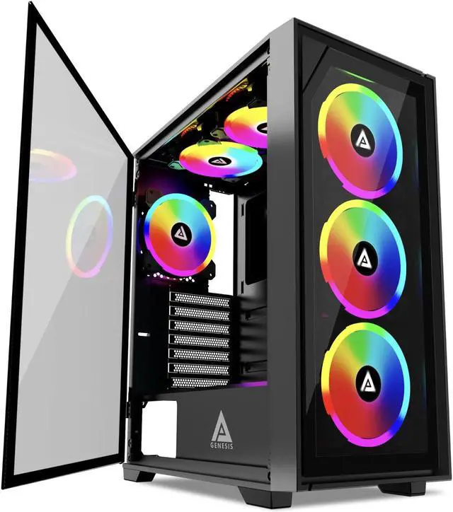 Main image of Apevia Genesis Pro G-PRO-BK Mid Tower Gaming Case with 2 x Tempered Glass Panel, Top USB3.0/USB2.0/Audio Ports, 6 x RGB Fans, Black Frame