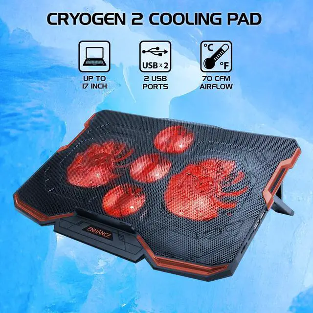 Alt view image 2 of 5 - ENHANCE Cryogen Gaming Laptop Cooling Pad - Fits 17 in. Computer, PS4 - Adjustable Laptop Cooling Stand with 5 Quiet Cooler Fans, 2 USB Ports and LED Lighting - Slim Portable Design 2500 RPM (Red)