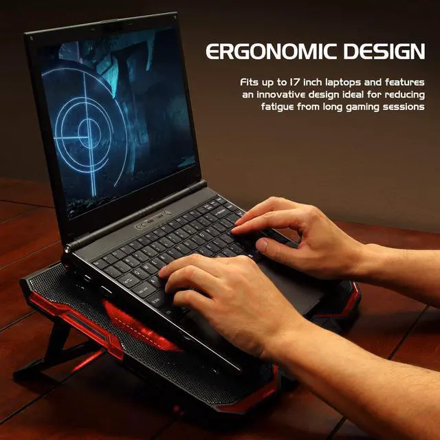 Alt view image 4 of 5 - ENHANCE Cryogen Gaming Laptop Cooling Pad - Fits 17 in. Computer, PS4 - Adjustable Laptop Cooling Stand with 5 Quiet Cooler Fans, 2 USB Ports and LED Lighting - Slim Portable Design 2500 RPM (Red)