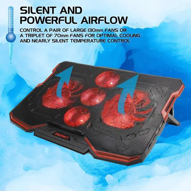 Alt view image 3 of 5 - ENHANCE Cryogen Gaming Laptop Cooling Pad - Fits 17 in. Computer, PS4 - Adjustable Laptop Cooling Stand with 5 Quiet Cooler Fans, 2 USB Ports and LED Lighting - Slim Portable Design 2500 RPM (Red)