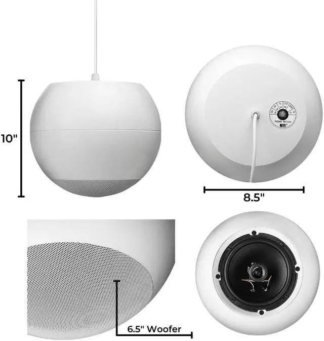 Alt view image 3 of 5 - OSD Audio Sphere 6.5" Indoor Hanging Pendant Speaker (Single White) Reinforced Cable Suspension 70V and 8 Ohm