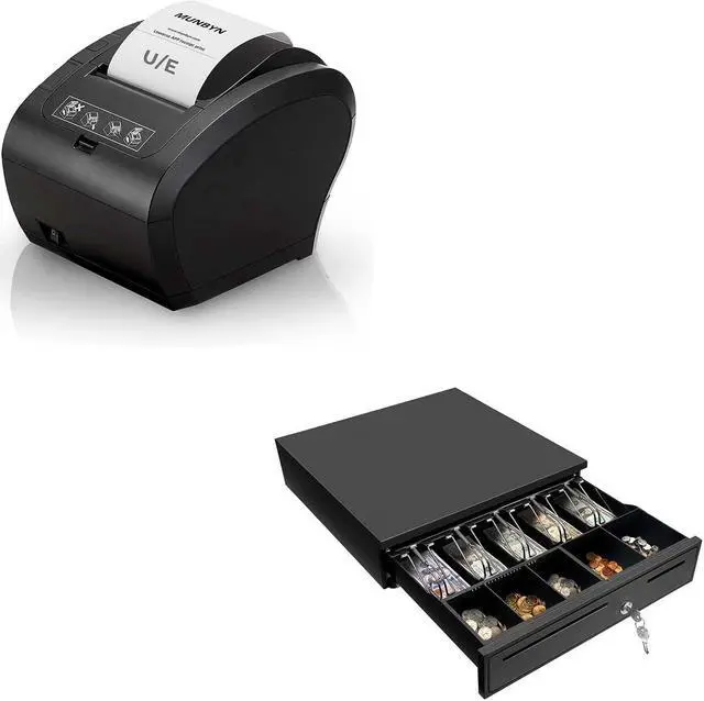 Main image of MUNBYN POS Printer, Receipt Printer USB Ethernet 80MM Thermal Printer P047 and Black Cash Register Drawer, 16" Wide Cash Drawer with Removable Coin Tray