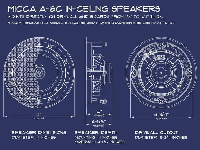 Alt view image 2 of 5 - Micca 8" 2-Way in Ceiling or Wall Round Speakers, 4 Pack, 8 Inch Woofer, 9.75" Cutout Diameter, Low Profile Rimless Design, for Indoor Rooms or Covered Outdoor Porches, White, Paintable