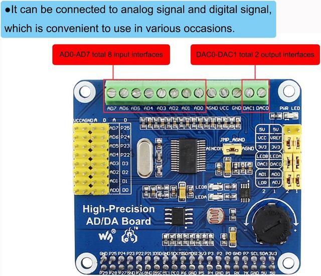 Alt view image 3 of 5 - High-Precision AD/DA Expansion Board for Raspberry Pi 4B/3B+/3B/2B/Zero/W/Zero WH and Jetson Nano,Add High-Precision AD/DA Functions to Pi. Onboard ADS1256 8-CH 24bit ADC and DAC8532 2-CH 16bit DAC