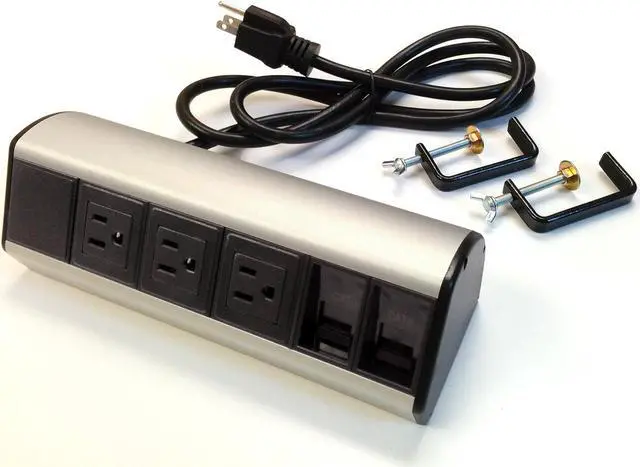 Main image of Power & Data Desk Edge Mount Tabletop Center - 3 Power and 2 Ethernet CAT6 RJ45 Data ports