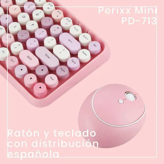 Alt view image 2 of 5 - Perixx PERIDUO-713 ES Set de ratón y Mini Teclado inalámbrico 2.4 GHz - Teclas Retro Redondas - Rosado Pastel - Español QWERTY