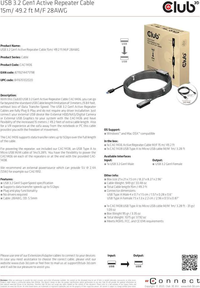 Alt view image 3 of 5 - Club 3D CAC-1406 USB 3.2 Gen1 Active Repeater Cable 15m / 49.2ft M/F 28AWG