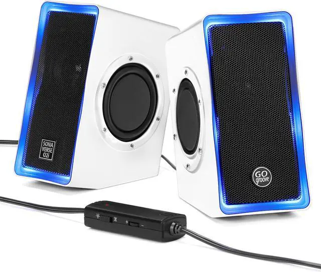 Main image of GOgroove Gaming Computer Speakers with Blue LED Light - SonaVERSE O2i Speakers for Desktop, Laptop, PC - USB Speaker 2.0 with AUX Input, in-Line Volume Control, Bass Stereo Sound, 14W (White)