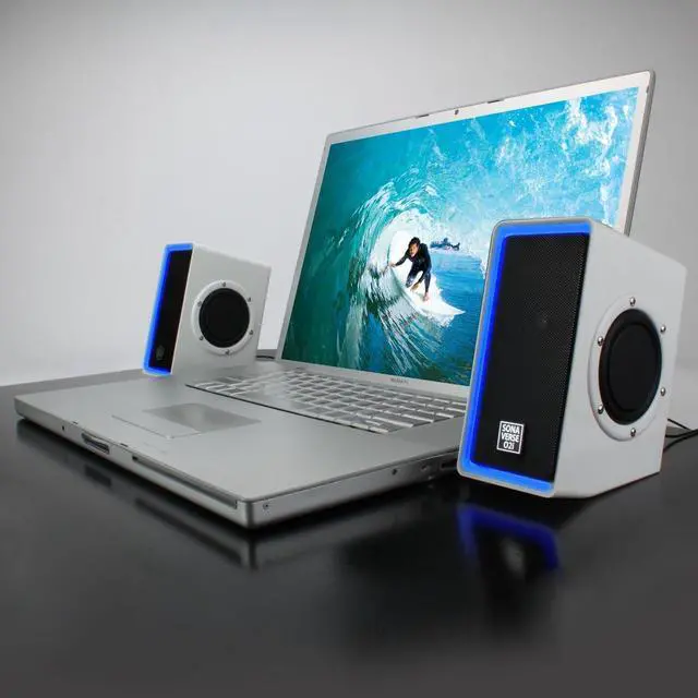 Alt view image 5 of 5 - GOgroove Gaming Computer Speakers with Blue LED Light - SonaVERSE O2i Speakers for Desktop, Laptop, PC - USB Speaker 2.0 with AUX Input, in-Line Volume Control, Bass Stereo Sound, 14W (White)