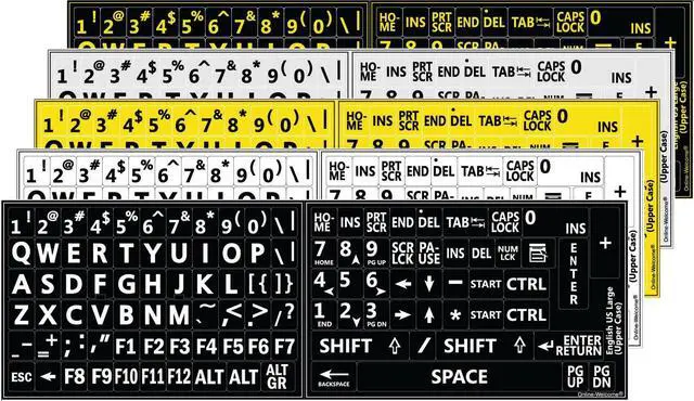 Main image of Five 5 English US Large Print Letters Black Yellow White Gray BACKGROUNS Keyboard Stickers 5 Colors New