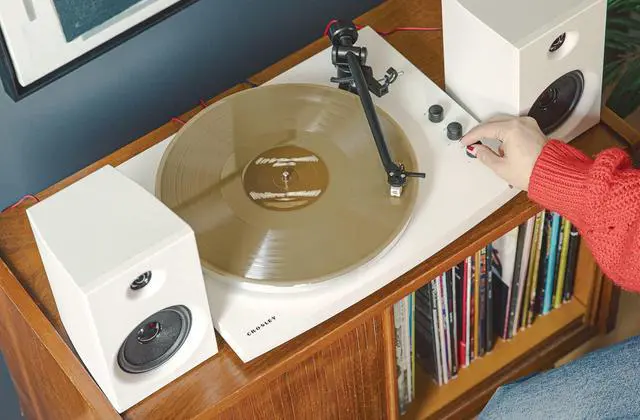 Alt view image 2 of 5 - Crosley T150C-WH 2-Speed Bluetooth Turntable Record Player System with Weighted Tone Arm and Stereo Speakers, White