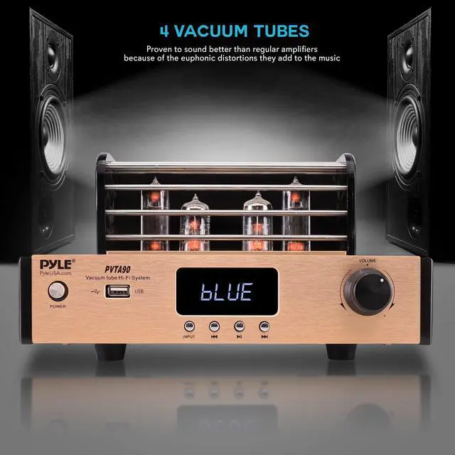 Alt view image 3 of 5 - Bluetooth Tube Amplifier Stereo Receiver - 1000W Home Audio Desktop Stereo Vacuum Hi-Fi Power Amplifier Receiver w/ 4 Vacuum Tubes, USB/CD/DVD Input, Subwoofer Output - Pyle PVTA90
