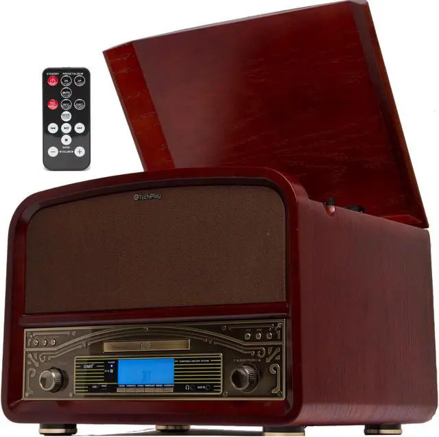 Main image of TechPlay TCP9560BT CH, Bluetooth 20W Retro Wooden 3 Speed Turntable with CD Player, AM/FM Radio, USB Recording & Playback with Remote Control  Cherry Wood Color
