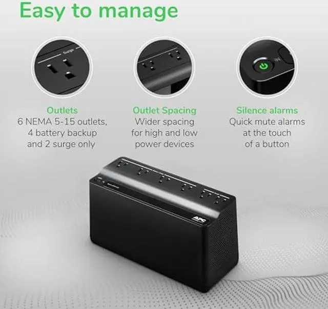 Alt view image 5 of 5 - APC UPS Battery Backup Surge Protector, 425VA Backup Battery Power Supply, BE425M, Black