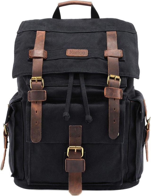 Kattee Men s Leather Canvas Backpack Large School Bag Travel Rucksack Black Newegg