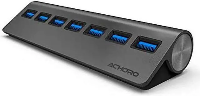 Main image of Achoro 7 Ports USB 3.0 Hub - Triangle Aluminum Alloy - High-Speed USB Port Expander - Compatible with PC, iMac, MacBook, Windows, Desktop, and More - Computer Multiple USB HUB (Space Grey)