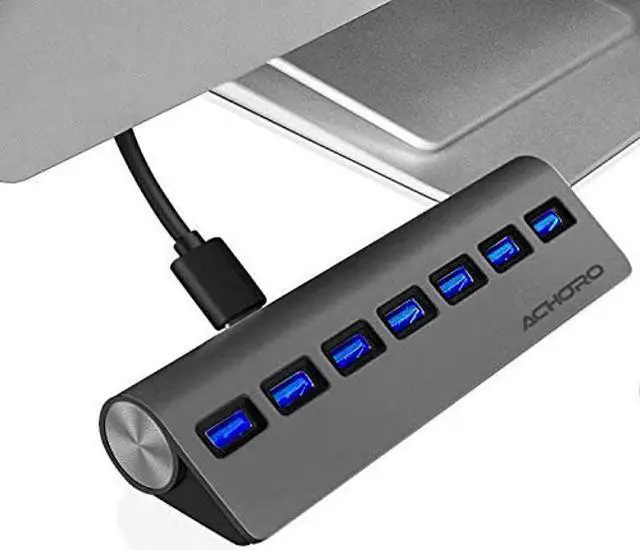 Alt view image 2 of 5 - Achoro 7 Ports USB 3.0 Hub - Triangle Aluminum Alloy - High-Speed USB Port Expander - Compatible with PC, iMac, MacBook, Windows, Desktop, and More - Computer Multiple USB HUB (Space Grey)