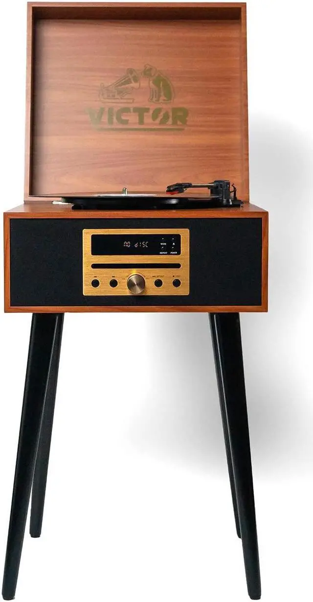 Main image of Victor VWRP-3500 Newbury 8-in-1 Turntable Music Center with Record Player, CD/MP3 Player, FM Radio, Bluetooth, USB Playback and Recording, Built-in Stereo Speakers, and Chair-Height Legs