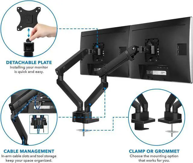 Alt view image 3 of 5 - Mount-It! Dual Monitor Arm Mount Desk Stand | Premium Quality | Articulating Mechanical Spring Height Adjustable | Fits Two 24 27 29 30 32 Inch VESA 75 100 Compatible Screens | C-Clamp and Grommet