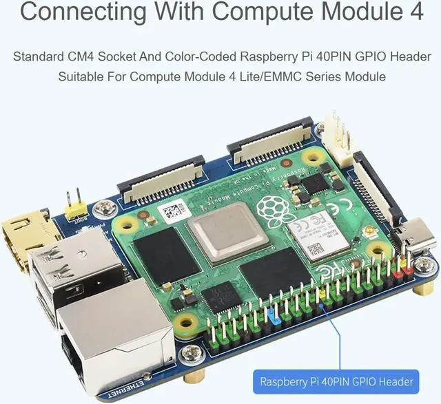 Alt view image 4 of 5 - Mini Base Board for Raspberry Pi Compute Module 4, with Standard CM4 Socket and Raspberry Pi 40 PIN GPIO Header, Onboard Multiple Connectors, Suitable for Compute Module 4 Lite/EMMC Series Module