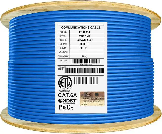 Main image of CAT6A Shielded Plenum (CMP), 1000ft, FTP 23AWG, 650MHz, Solid Pure Copper, UL Certified, UL-LP Certification, Bulk Ethernet Cable Reel, Blue