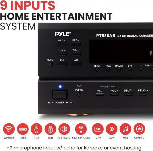 Alt view image 3 of 5 - Pyle Wireless Bluetooth Power Amplifier System-420W 5.1 Channel Home Theater Surround Sound Audio Stereo Receiver Box w/RCA,AUX,Mic w/Echo,Remote,Support HDMI-For Subwoofer Speaker-Pyle PT588AB