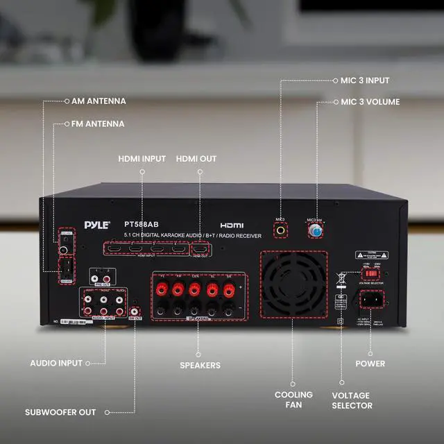 Alt view image 5 of 5 - Pyle Wireless Bluetooth Power Amplifier System-420W 5.1 Channel Home Theater Surround Sound Audio Stereo Receiver Box w/RCA,AUX,Mic w/Echo,Remote,Support HDMI-For Subwoofer Speaker-Pyle PT588AB