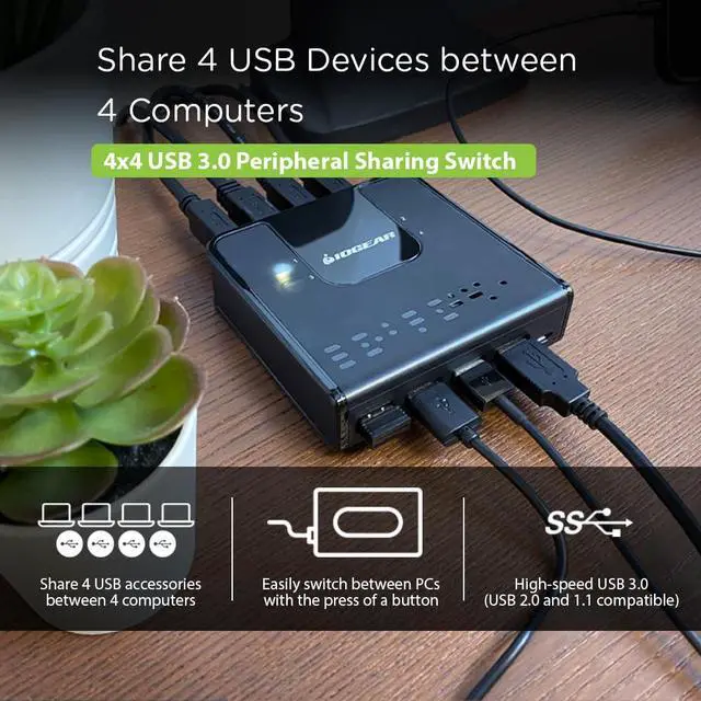 Alt view image 3 of 5 - IOGEAR 4x4 USB 3.0 Peripheral Sharing Switch - Share 4 USB Devices Between 4 Computers - LED Indicators - Cables & Remote Included - PC - MAC - Printer - Scanner - Mouse/Keyboard and More - GUS434