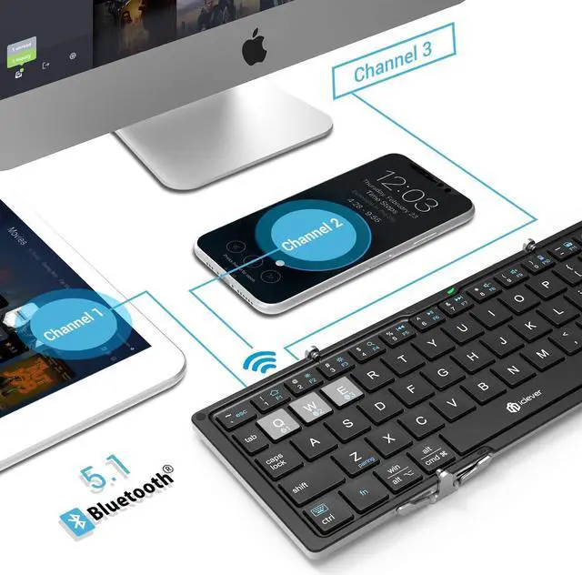 Alt view image 2 of 5 - iClever Foldable Bluetooth Keyboard, Ultra-Slim Metal Keyboard with USB-C Charging, Tri-Folding Design for Laptop, iPad, iPhone, Tablet - Sync 3 Devices, Portable & Space-Saving