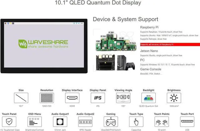 Alt view image 3 of 5 - waveshare 10.1inch QLED Quantum Dot Display Compatible with Raspberry Pi 4B/3B+/3A+/2B/B+/A+/Zero/Zero W/WH/Zero 2W CM3+/4 Capacitive Touch 1280×720 Resolution Supports Jetson Nano/Windows
