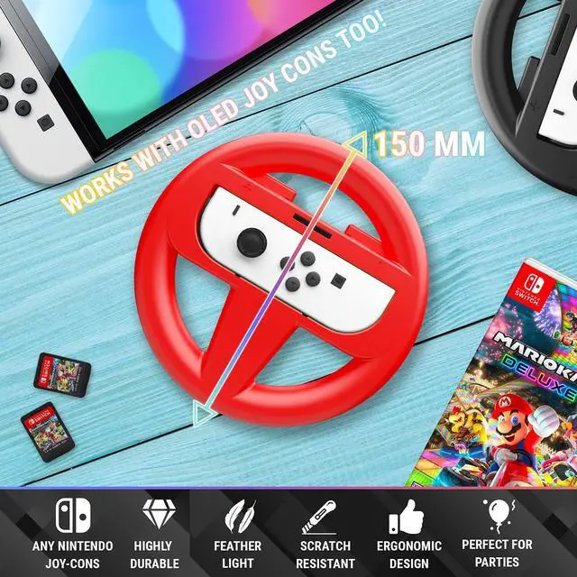 Alt view image 3 of 5 - Orzly Nintendo Switch & OLED Console Steering Wheel, 4 Pack, for Mario Kart 8 Deluxe Nintendo Switch, Mariokart Switch Steering Wheel (Joycon Controller Attachments) (2X Black, 1x Wheel, 1x Red)