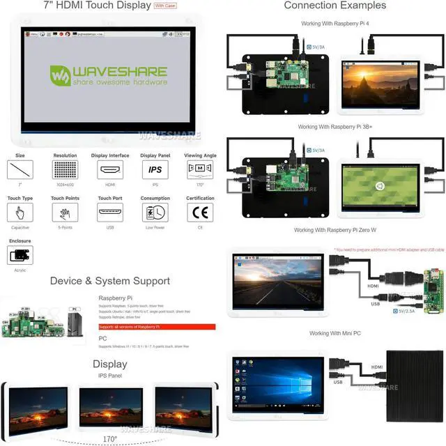 Alt view image 3 of 5 - Waveshare 7inch HDMI LCD (C) Capacitive Touch Screen Display Supports Various Systems for All Ver. Raspberry pi 3 Model B/3 B+/2 B/B+/B/A Banana Pi with Bicolor Case