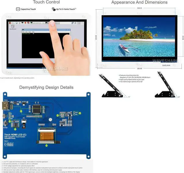 Alt view image 4 of 5 - Waveshare 7inch HDMI LCD (C) Capacitive Touch Screen Display Supports Various Systems for All Ver. Raspberry pi 3 Model B/3 B+/2 B/B+/B/A Banana Pi with Bicolor Case