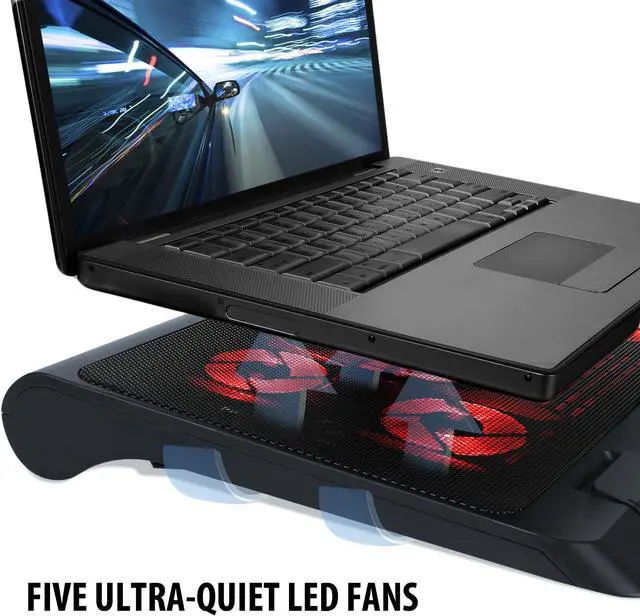 Alt view image 3 of 5 - ENHANCE Gaming Laptop Cooling Pad Stand with LED Cooler Fans , Adjustable Height , & Dual USB Port for 17 inch Laptops - 5 Ultra Quiet High Performance Fans 2630 RPM & Built-In Bumpers - Red