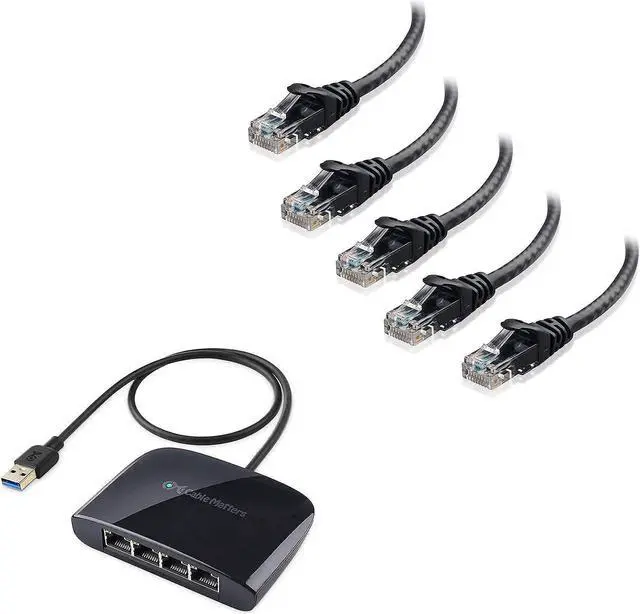 Main image of Cable Matters 5-Pack Snagless Cat6 Ethernet Cable in Black 10 ft & USB 3.1 to 4-Port Gigabit Ethernet Switch (USB to Gigabit Ethernet Adapter)