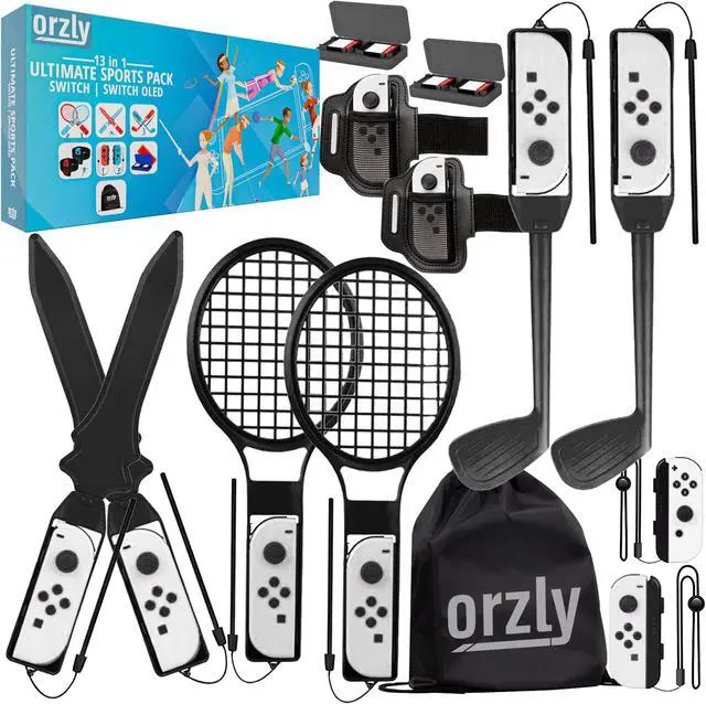 Main image of Switch Sports Games 2024 Accessories Bundle Pack for Nintendo Switch & OLED with Tennis Rackets, Golf Clubs, Chambara Swords, Soccer Leg Straps & Joycon Grips - With Carry Bag - SOLID BLACK