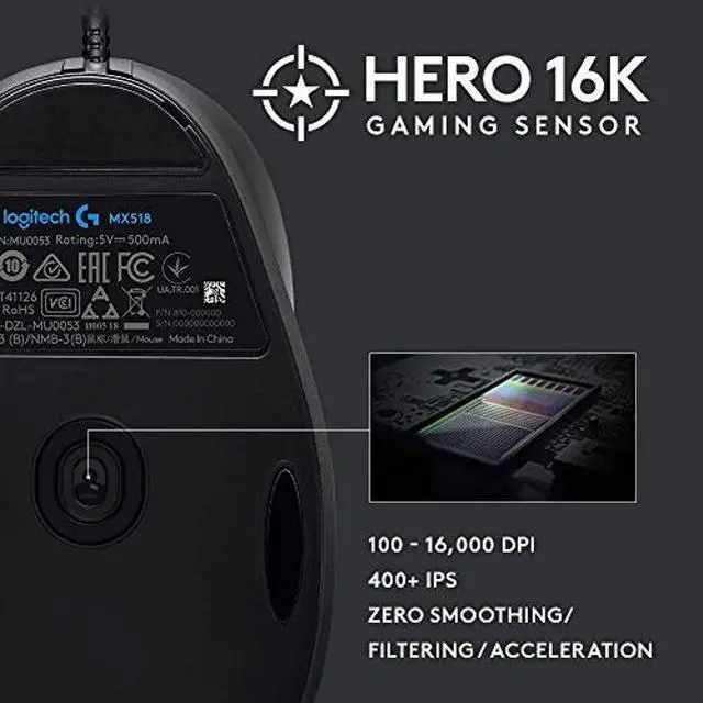 Alt view image 4 of 5 - Logitech G MX518 Gaming Mouse Hero 25K Sensor, 25,600 DPI, ARM-Processor, 8 Programmable Buttons - Black/Grey