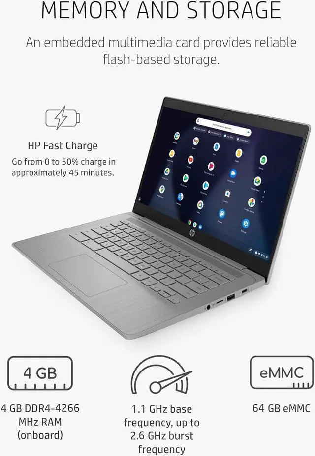 Alt view image 4 of 5 - HP Newest Chromebook Laptop Computer, 14" HD Display Light PC, Intel Celeron N4120 Quad-Core, 4GB DDR4 RAM, 64GB eMMC, USB-C, Wi-Fi 5, Bluetooth, Webcam, Long Battery Life, Chrome OS, Gray, PCM
