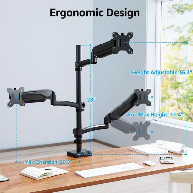 Alt view image 4 of 5 - MOUNTUP Triple Monitor Mount Holds 4.4-17.6lbs, Up to 32 Inch Monitor Stand for 3 Monitors, Triple Monitor Stand with Gas Spring Arm with Clamp/Grommet Base VESA 75x75/100x100 MU6013A