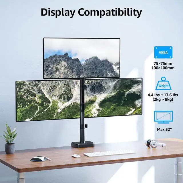 Alt view image 3 of 5 - MOUNTUP Triple Monitor Mount Holds 4.4-17.6lbs, Up to 32 Inch Monitor Stand for 3 Monitors, Triple Monitor Stand with Gas Spring Arm with Clamp/Grommet Base VESA 75x75/100x100 MU6013A