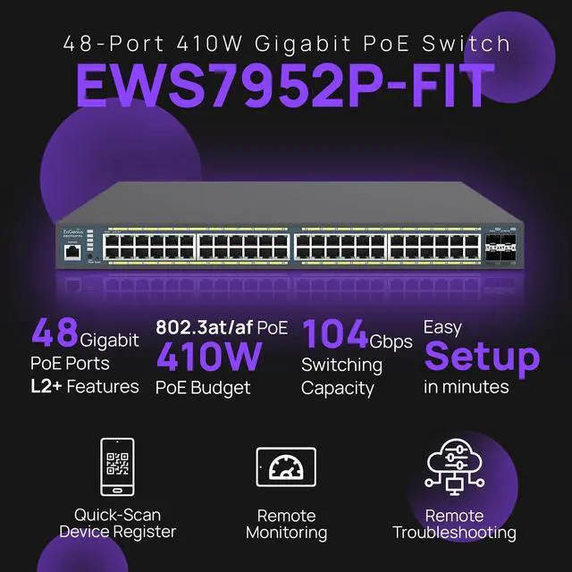 Alt view image 2 of 5 - EnGenius Fit L2 Plus Managed 48-Port Gigabit PoE+ Switch | 410W Budget | 4 SFP Uplink Ports | 802.3at/af PoE+ Ready | 56 Gbps Switching Capacity [EWS7952P-FIT]