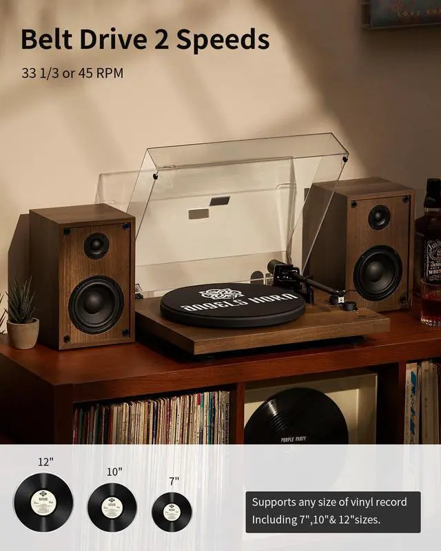 Alt view image 2 of 5 - ANGELS HORN Vinyl Record Player, Hi-Fi System Bluetooth Turntable Players with Stereo Bookshelf Speakers, Built-in Phono Preamp, Belt Drive 2-Speed, Adjustable Counterweight, AT-3600L