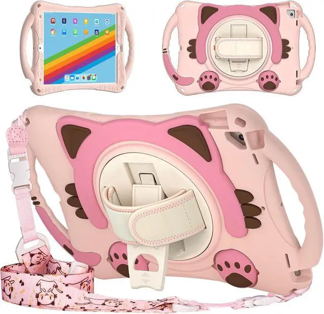 Main image of KIQ Cat Shield Case for iPad 9th Generation Case for Kids, Heavy Duty Cute ipad 10.2 case for Kids 7th 8th Gen w/Stand Shoulder Strap - Pink