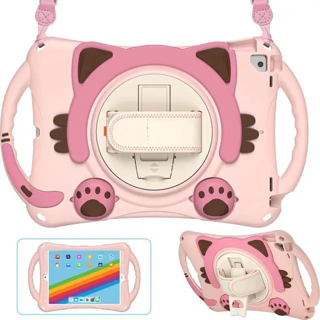 Alt view image 3 of 5 - KIQ Cat Shield Case for iPad 9th Generation Case for Kids, Heavy Duty Cute ipad 10.2 case for Kids 7th 8th Gen w/Stand Shoulder Strap - Pink